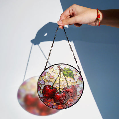 Stained Glass Cherry Suncatcher with Red Cherries and Leaf for Window Decoration Gift