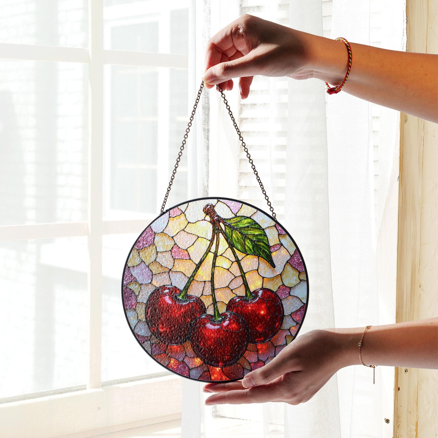 Stained Glass Cherry Suncatcher with Red Cherries and Leaf for Window Decoration Gift