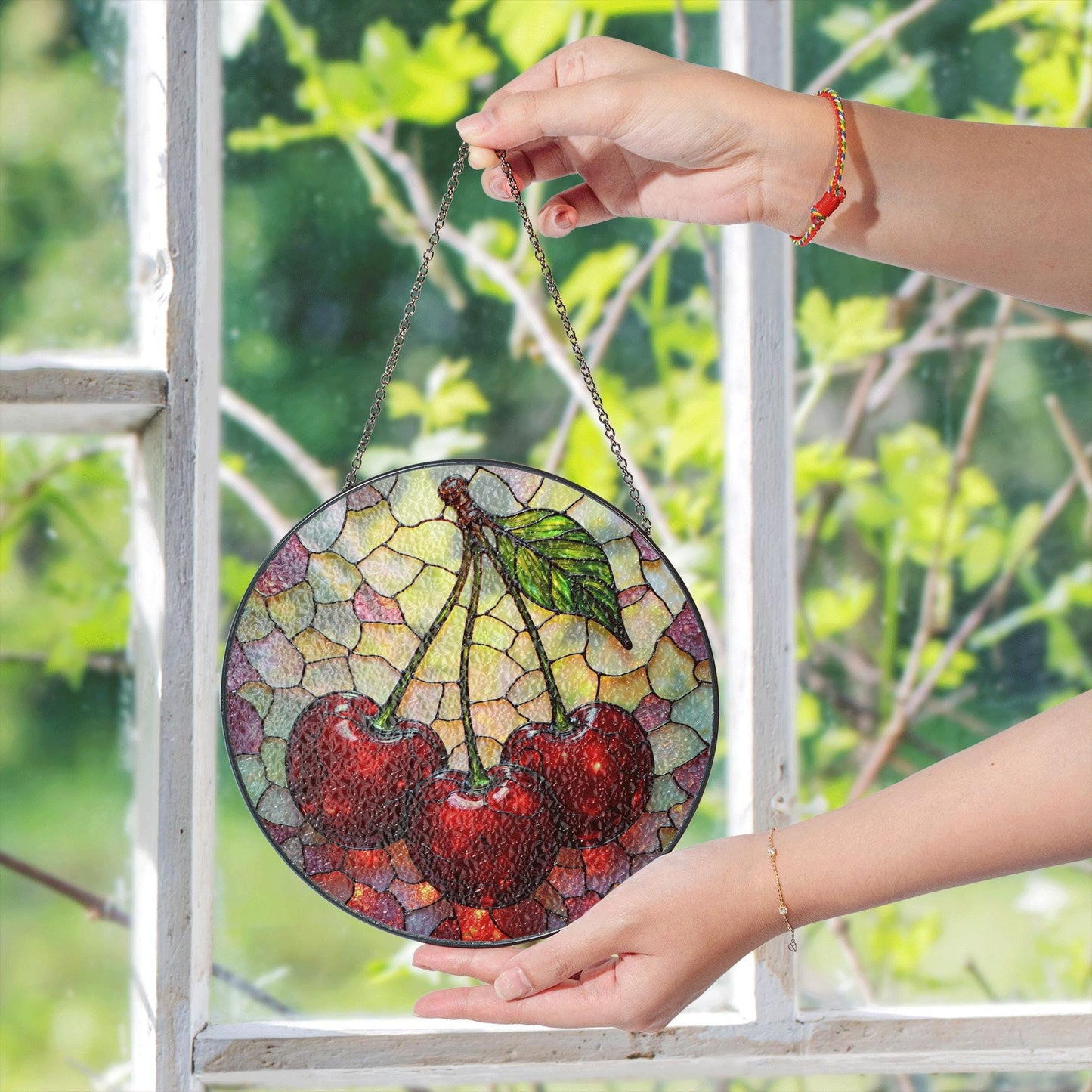 Stained Glass Cherry Suncatcher with Red Cherries and Leaf for Window Decoration Gift
