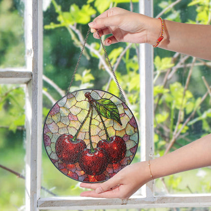 Stained Glass Cherry Suncatcher with Red Cherries and Leaf for Window Decoration Gift