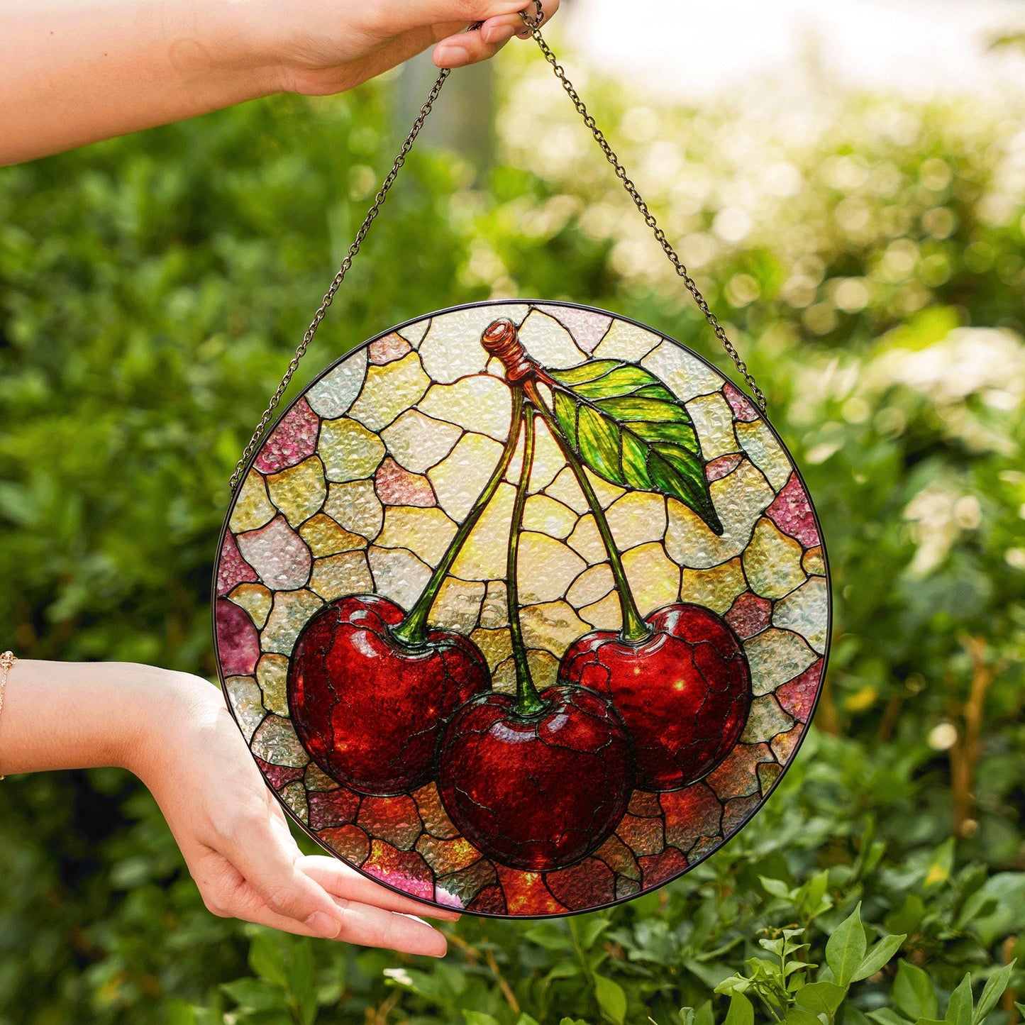 Stained Glass Cherry Suncatcher with Red Cherries and Leaf for Window Decoration Gift