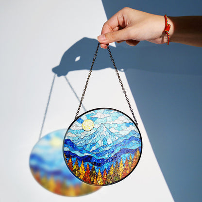 Mountain Sunrise Stained Glass Suncatcher Vibrant Blue Sky Autumn Trees Handcrafted Gift for Nature Lovers