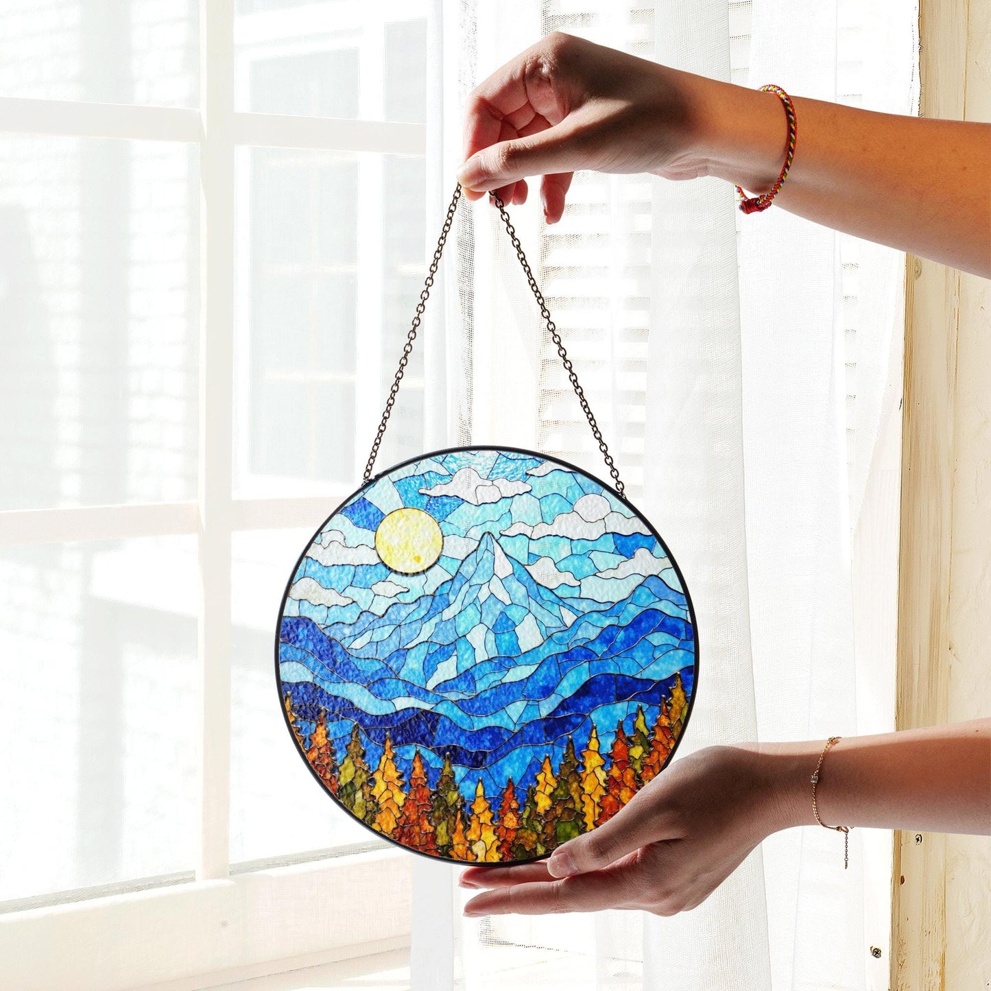 Mountain Sunrise Stained Glass Suncatcher Vibrant Blue Sky Autumn Trees Handcrafted Gift for Nature Lovers