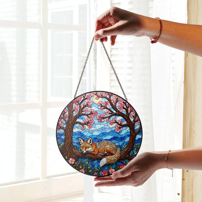 Sleeping fox under cherry trees stained glass suncatcher woodland decor gift for nature lover