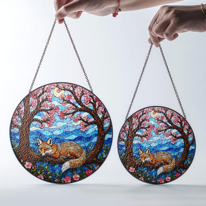 Sleeping fox under cherry trees stained glass suncatcher woodland decor gift for nature lover