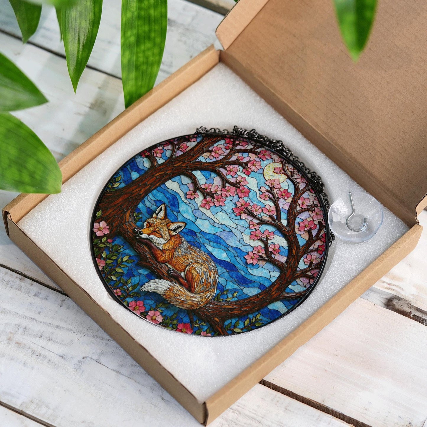 Sleeping fox under cherry trees stained glass suncatcher woodland decor gift for nature lover