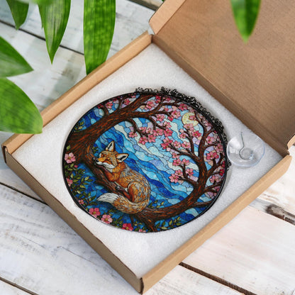Sleeping fox under cherry trees stained glass suncatcher woodland decor gift for nature lover