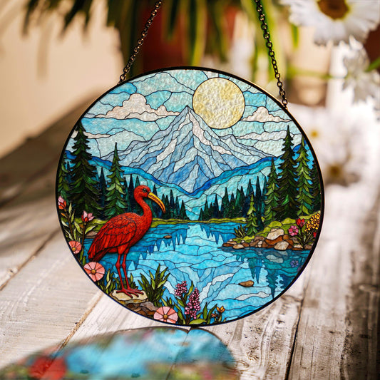 Red heron lake forest stained glass style round suncatcher nature window decor gift