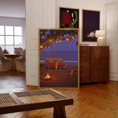 Camper Van on Beach Wall Art Fine Art Photography Surfing Poster Camping Wall Art Coastal Cowgirl Print California Coast Beachy Wall Decor