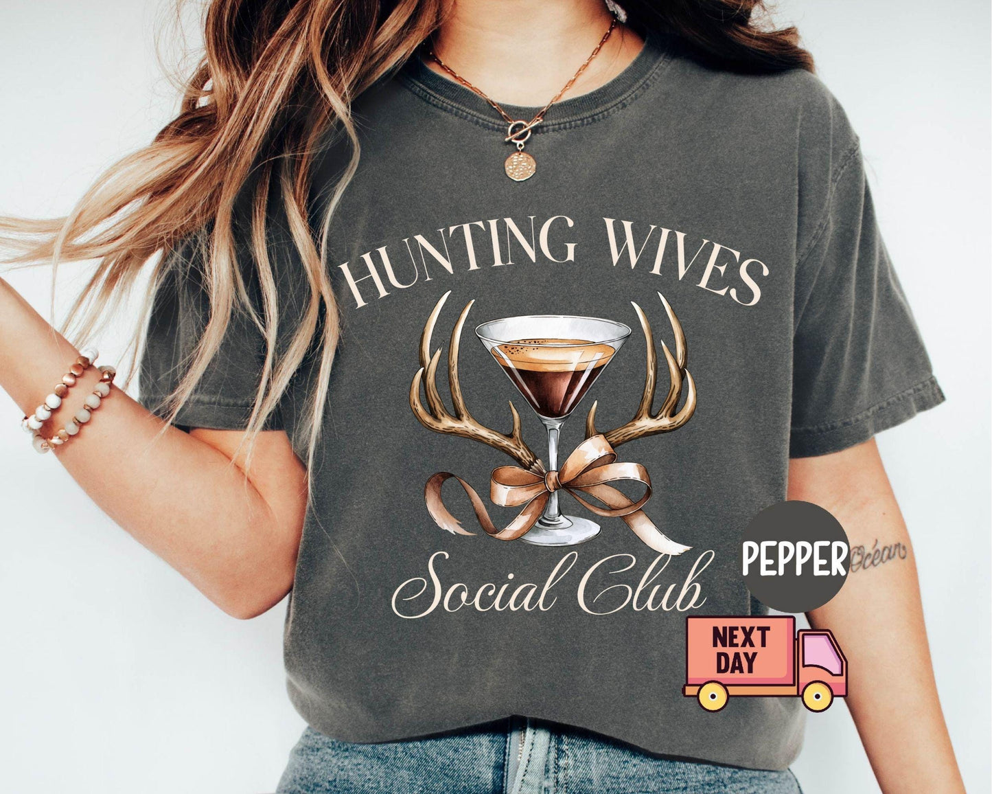 Comfort Colors® Hunting Wives Coquette Shirt, Hunting Wives Social Club Coquette Bow Shirt, Hunting Antlers T-Shirt, Gift for Her, Women Tee