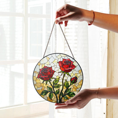 Red Rose Stained Glass Suncatcher – Handmade Floral Window Decor – Gift for Garden Lovers, Moms, or Romantic Occasions
