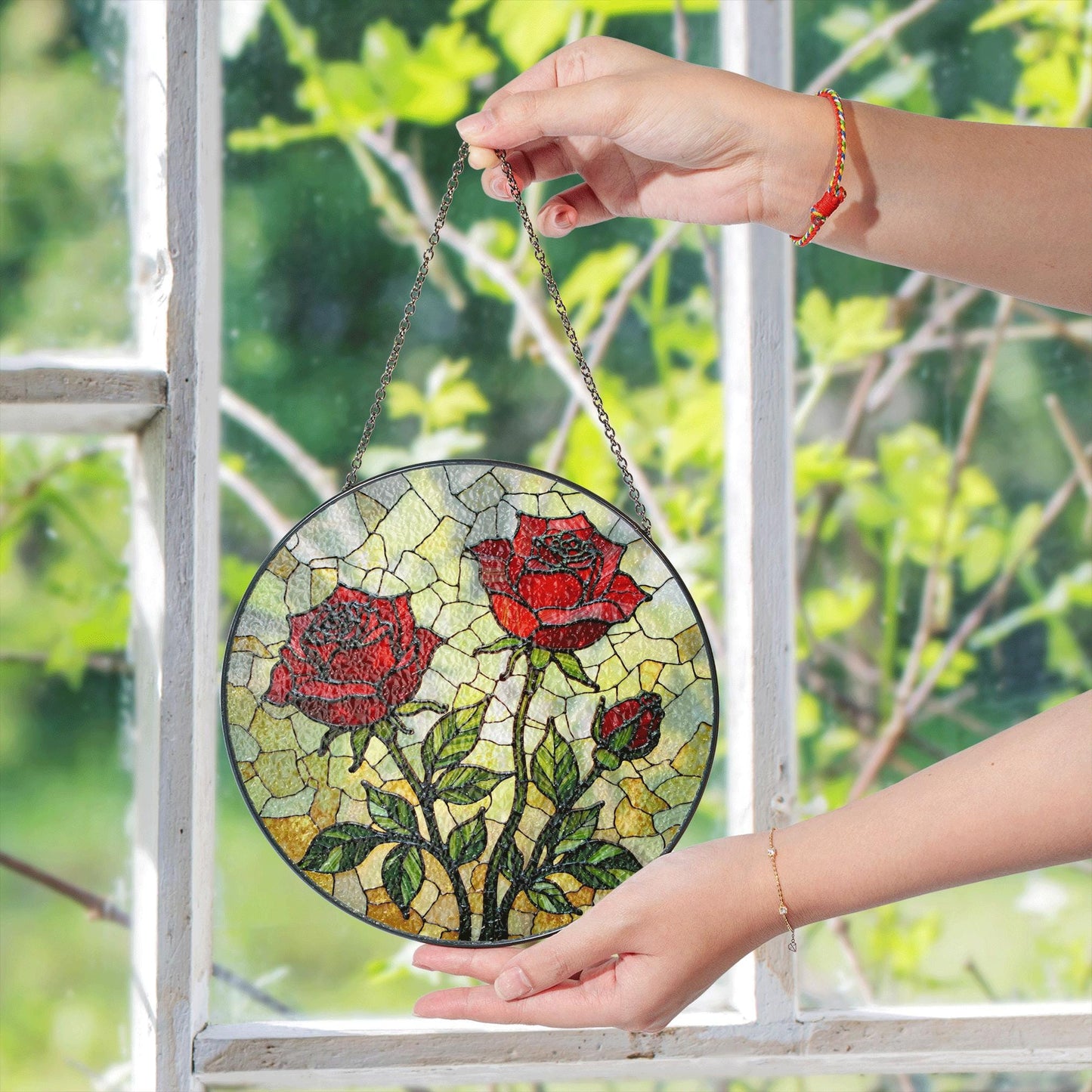 Red Rose Stained Glass Suncatcher – Handmade Floral Window Decor – Gift for Garden Lovers, Moms, or Romantic Occasions
