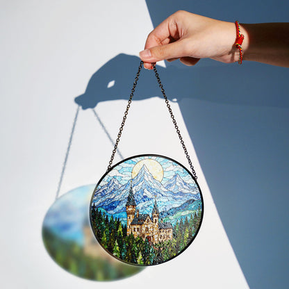 Enchanted Castle Mountain Suncatcher – Fairytale Stained Glass Window Decor – Magical Gift for Fantasy Lovers