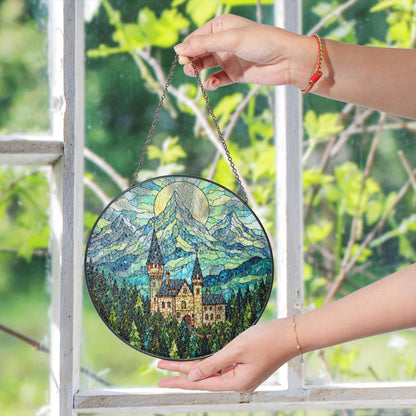 Enchanted Castle Mountain Suncatcher – Fairytale Stained Glass Window Decor – Magical Gift for Fantasy Lovers