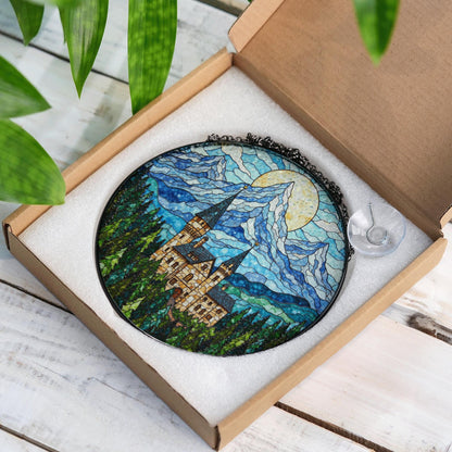Enchanted Castle Mountain Suncatcher – Fairytale Stained Glass Window Decor – Magical Gift for Fantasy Lovers