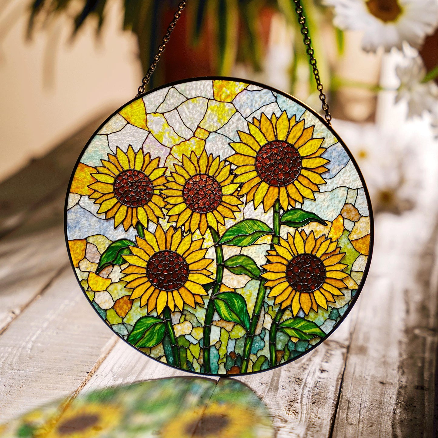 Stained Glass Sunflower Suncatcher – Cheerful Yellow Floral Window Decor – Nature Gift for Garden Lovers