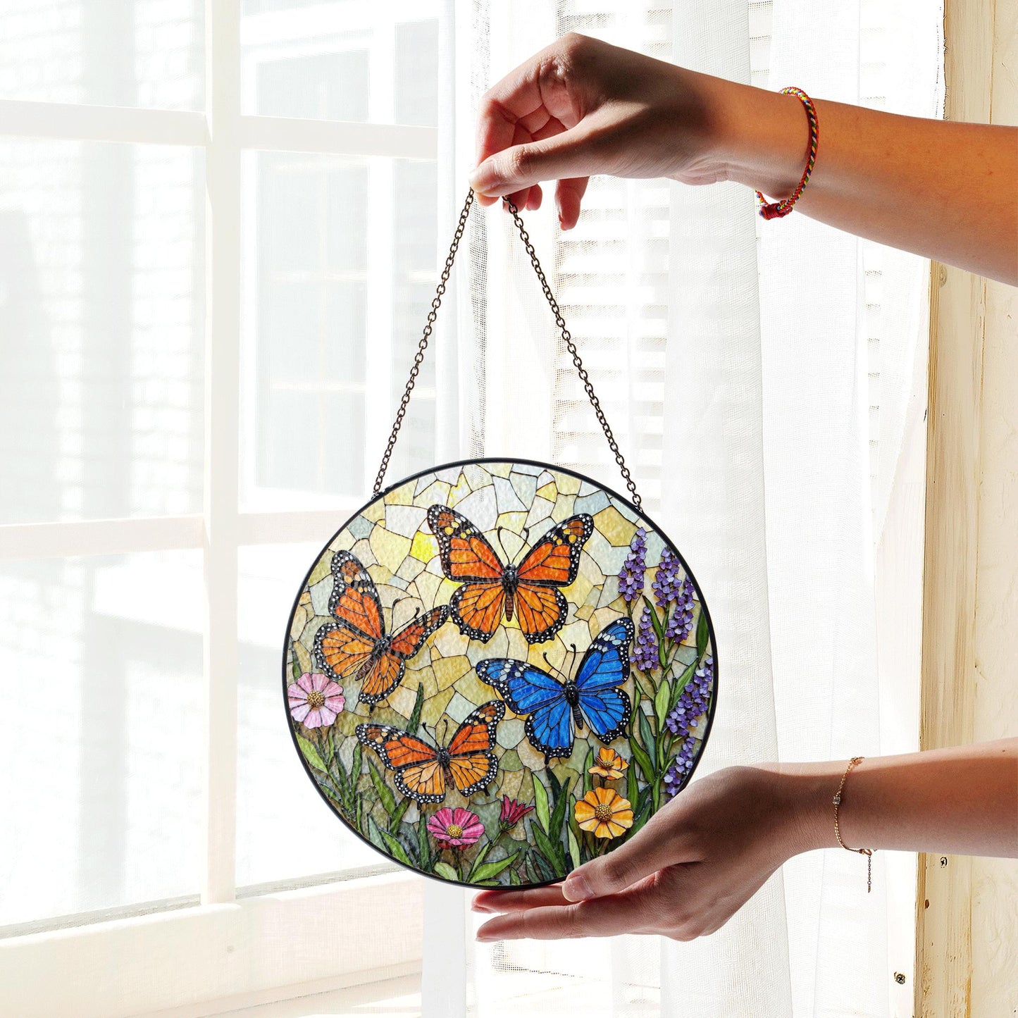 Stained Glass Butterfly Suncatcher – Monarch , Blue Butterflies in Floral Garden – Nature Gift for Mom or Garden Lover