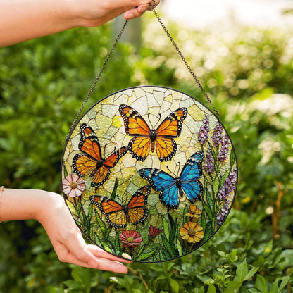 Stained Glass Butterfly Suncatcher – Monarch , Blue Butterflies in Floral Garden – Nature Gift for Mom or Garden Lover