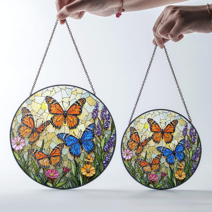 Stained Glass Butterfly Suncatcher – Monarch , Blue Butterflies in Floral Garden – Nature Gift for Mom or Garden Lover