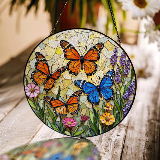 Stained Glass Butterfly Suncatcher – Monarch , Blue Butterflies in Floral Garden – Nature Gift for Mom or Garden Lover