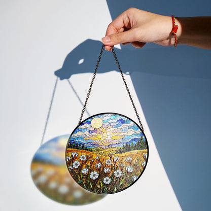 Moonlit Wildflower Meadow Stained Glass Suncatcher – Nature Scene Window Decor Gift for Garden Lovers