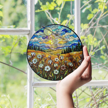 Moonlit Wildflower Meadow Stained Glass Suncatcher – Nature Scene Window Decor Gift for Garden Lovers