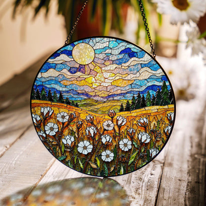 Moonlit Wildflower Meadow Stained Glass Suncatcher – Nature Scene Window Decor Gift for Garden Lovers