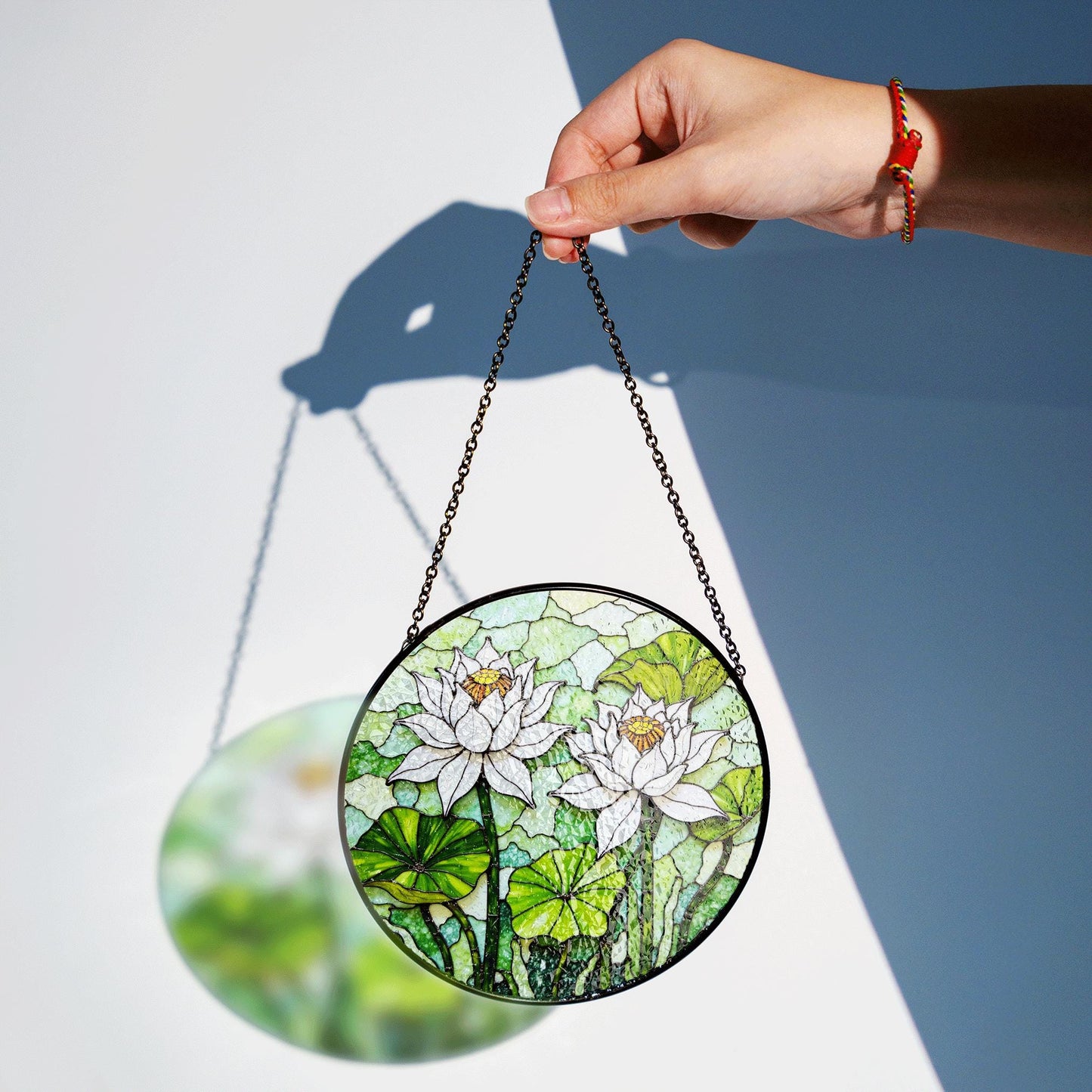 Stained Glass Lotus Suncatcher – White Water Lilies with Green Leaves – Nature Gift for Garden Lovers