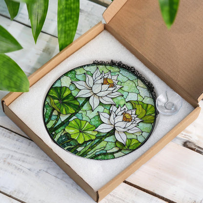 Stained Glass Lotus Suncatcher – White Water Lilies with Green Leaves – Nature Gift for Garden Lovers
