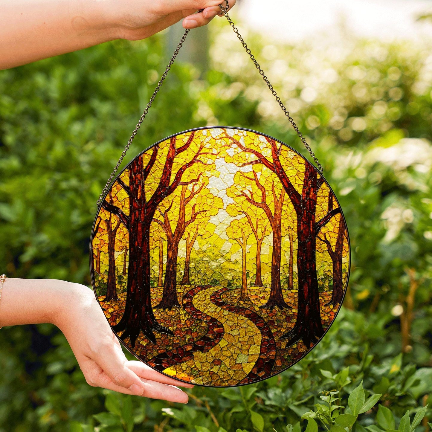 Autumn Forest Path Round Suncatcher Stained Glass Window Decor Gift for Nature Lovers