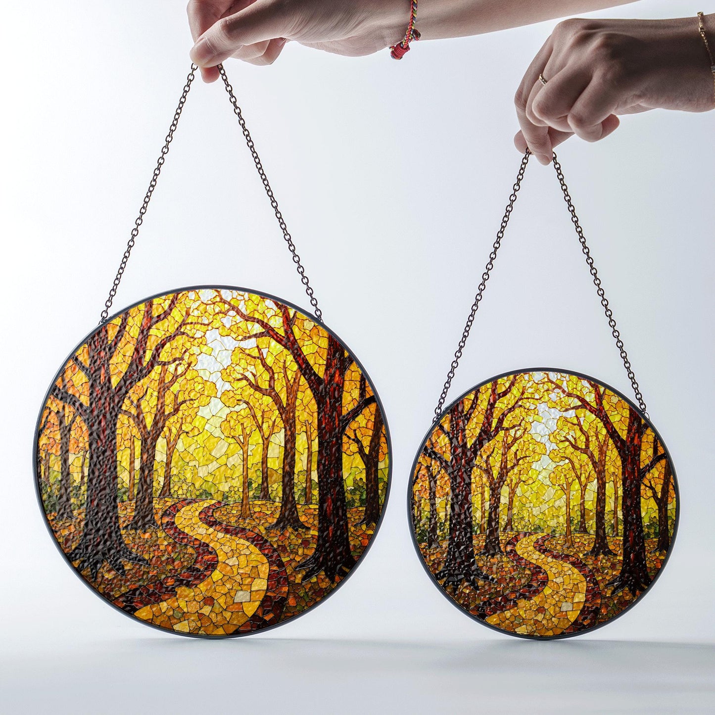 Autumn Forest Path Round Suncatcher Stained Glass Window Decor Gift for Nature Lovers