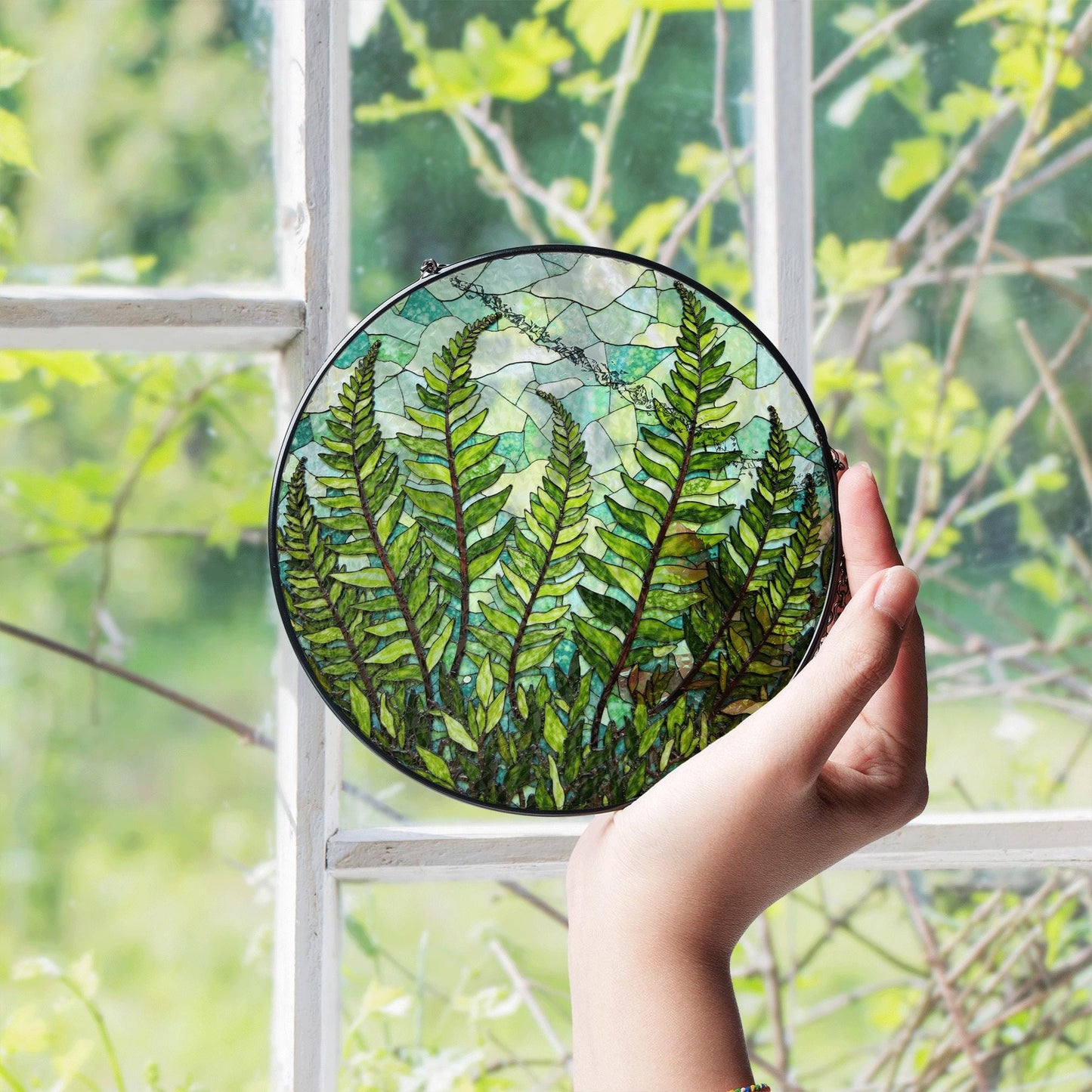 Green Fern Leaves Stained Glass Round Suncatcher Nature Window Decor Gift for Nature Lovers