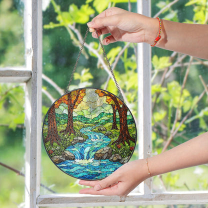 Forest waterfall creek stained glass suncatcher nature window hanging gift for outdoor lovers