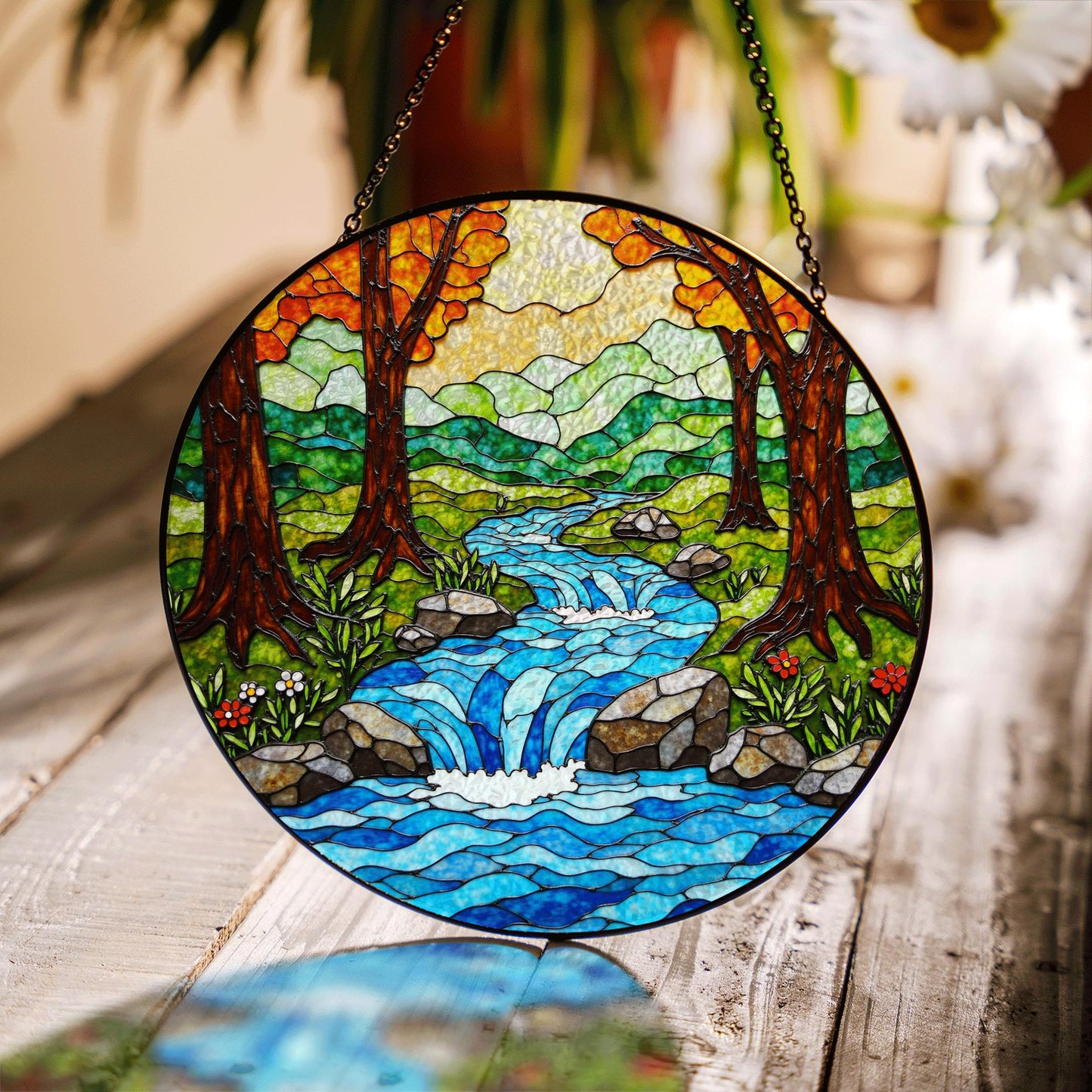 Forest waterfall creek stained glass suncatcher nature window hanging gift for outdoor lovers