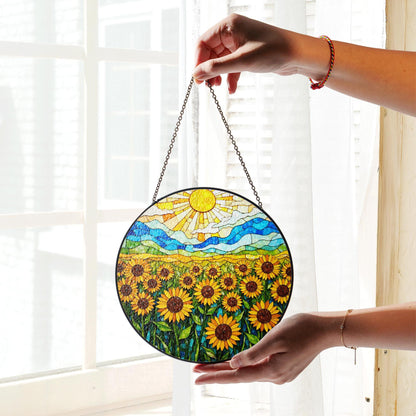 Vibrant sunflower field stained glass style round suncatcher gift for mom or sunflower lovers