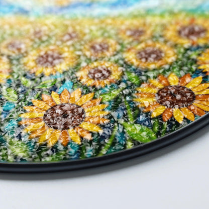 Vibrant sunflower field stained glass style round suncatcher gift for mom or sunflower lovers