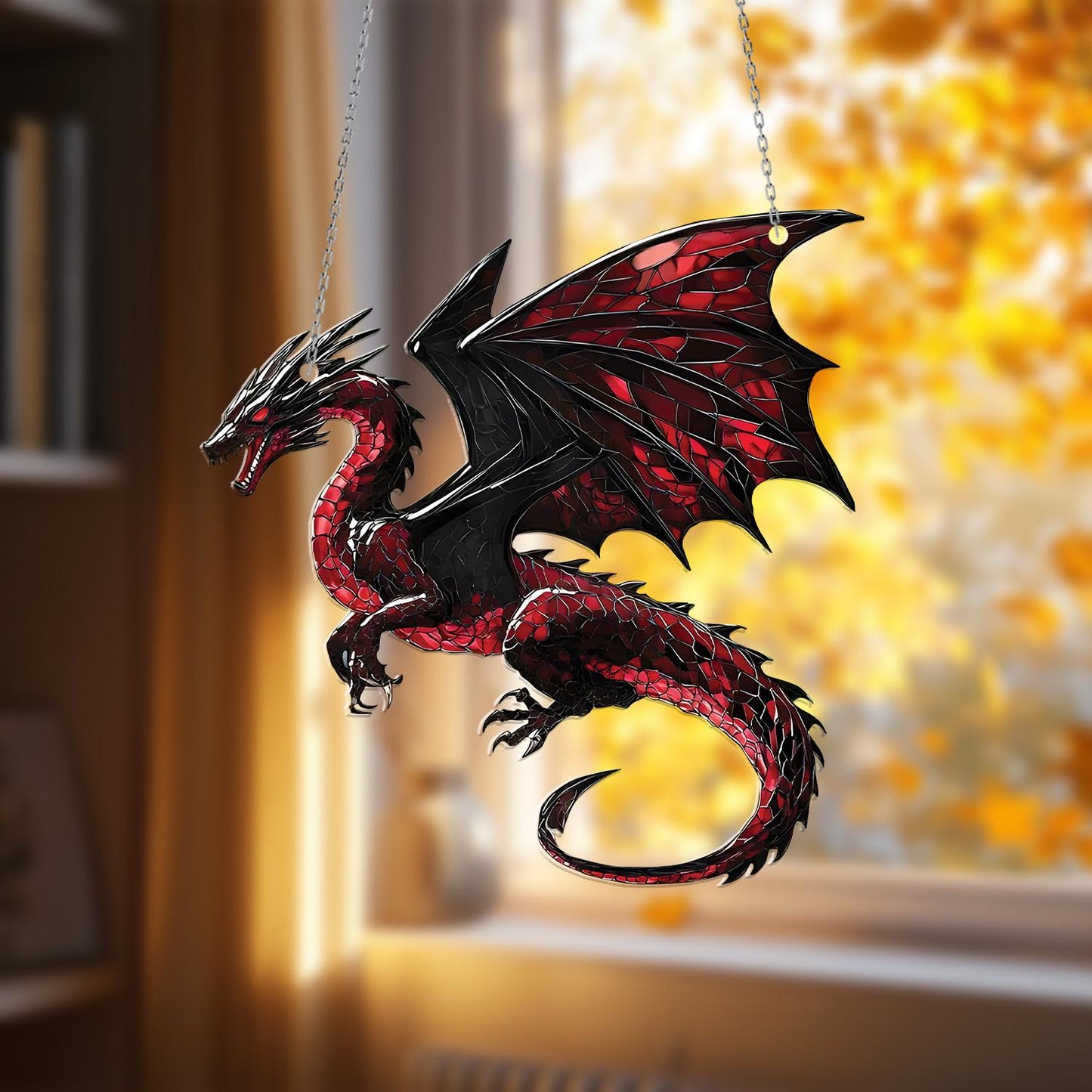Red Dragon Window Hanging, Fierce Fantasy Decor, Gothic Home Accent, Unique Gift for Him, Dragon Lover Art, Game Room Decoration