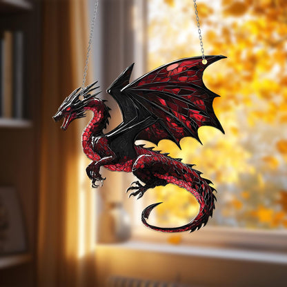 Red Dragon Window Hanging, Fierce Fantasy Decor, Gothic Home Accent, Unique Gift for Him, Dragon Lover Art, Game Room Decoration