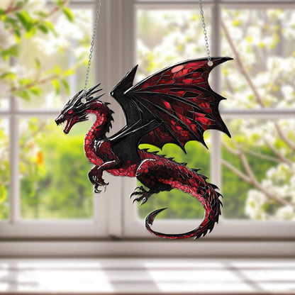 Red Dragon Window Hanging, Fierce Fantasy Decor, Gothic Home Accent, Unique Gift for Him, Dragon Lover Art, Game Room Decoration