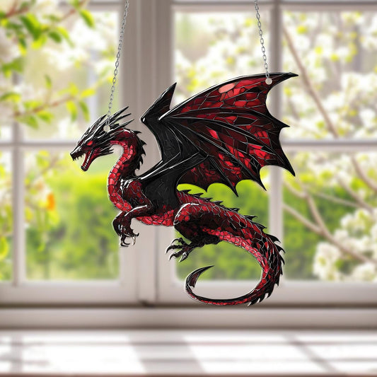 Red Dragon Window Hanging, Fierce Fantasy Decor, Gothic Home Accent, Unique Gift for Him, Dragon Lover Art, Game Room Decoration