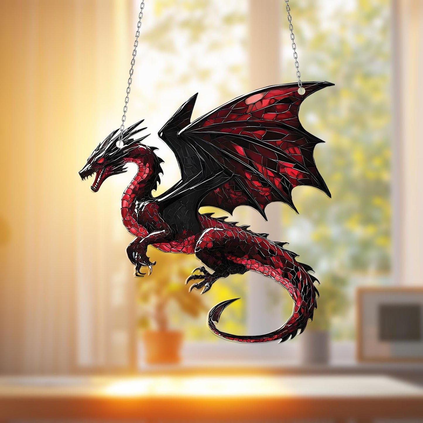 Red Dragon Window Hanging, Fierce Fantasy Decor, Gothic Home Accent, Unique Gift for Him, Dragon Lover Art, Game Room Decoration