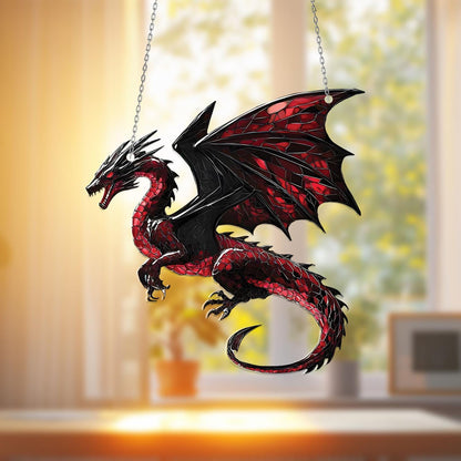 Red Dragon Window Hanging, Fierce Fantasy Decor, Gothic Home Accent, Unique Gift for Him, Dragon Lover Art, Game Room Decoration