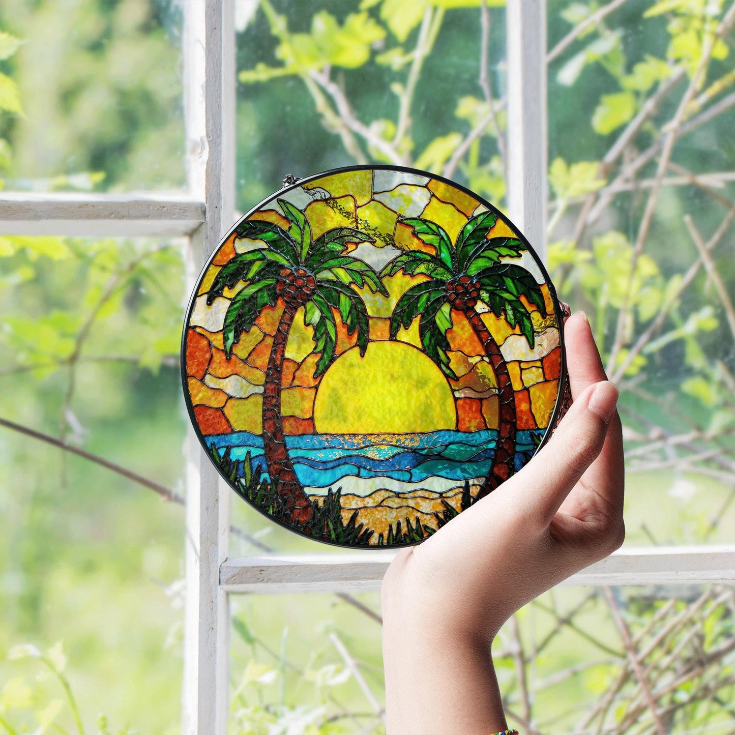 Tropical Palm Tree Suncatcher Stained Glass Sunset Beach Window Gift