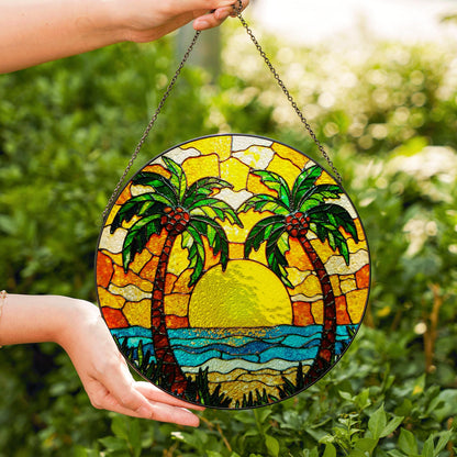 Tropical Palm Tree Suncatcher Stained Glass Sunset Beach Window Gift