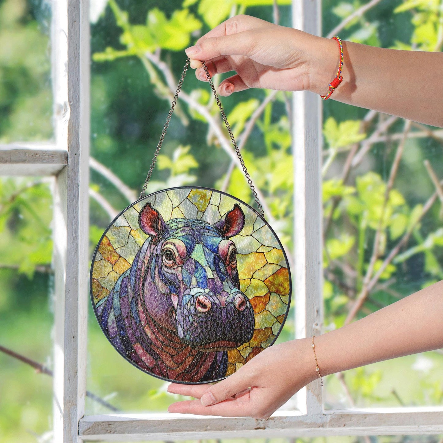 Stained Glass Hippo Suncatcher Purple Blue Amber Animal Gift
