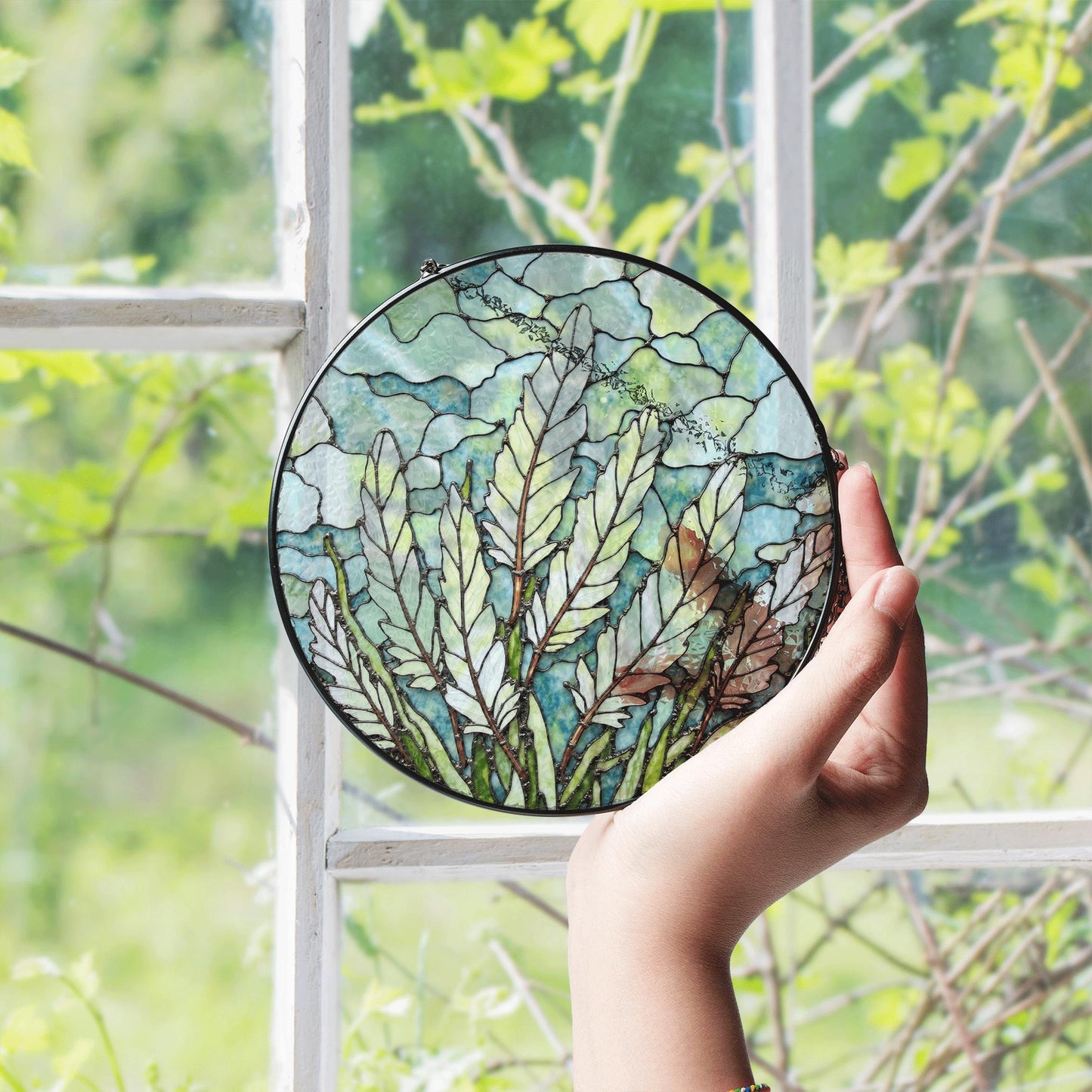 Leaf-Themed Stained Glass Suncatcher with Natural Green Tones for Home Decor and Gift Giving