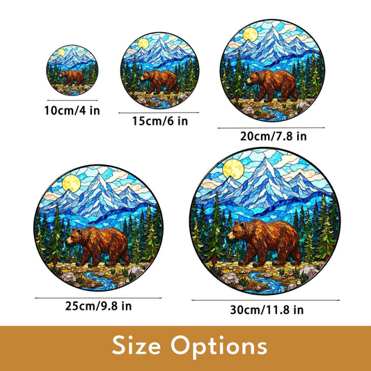 Stained Glass Bear in Mountains Suncatcher Nature Art Gift for Outdoors Lovers