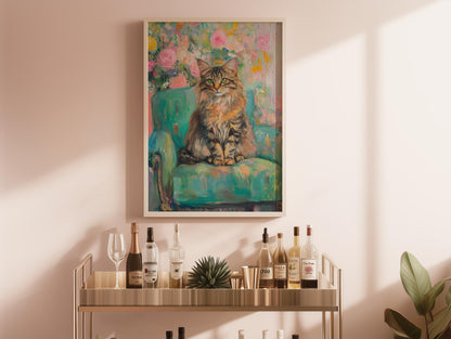 Siberian Cat Floral Art Print: Whimsical Retro Wall Decor