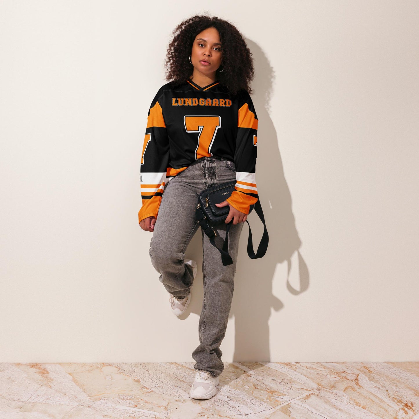 Unisex Oversized Racing Hockey Jersey– Black and Orange IndyCar-Inspired Hockey Jersey with Racing Number 7
