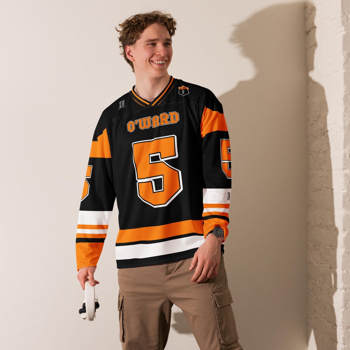 Motorsport-Inspired Unisex Oversized Hockey Jersey – Black and Orange Racing Jersey with Bold Number 5 Design